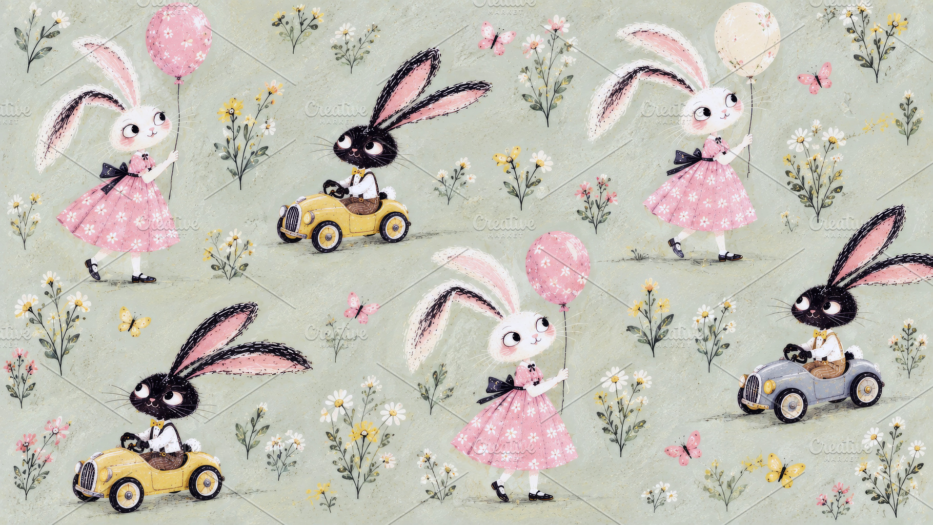 Whimsical pattern of white rabbits in pink floral dresses holdin, an Arts & Entertainment Photo by Imaginarium