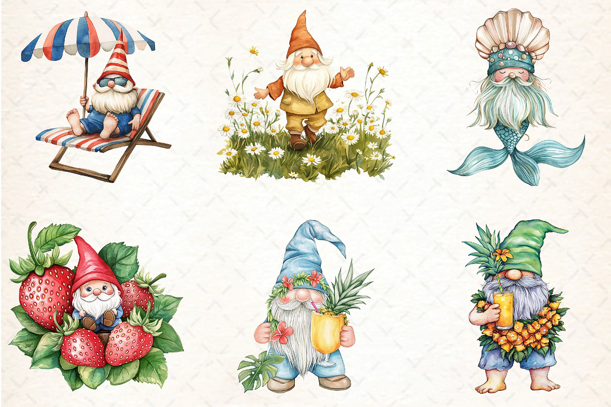 Watercolor Summer Gnome Clipart, an Illustration by DreamCafeArt (Photo 3 of 5)