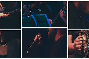 Musicians on stage closeup collage composition