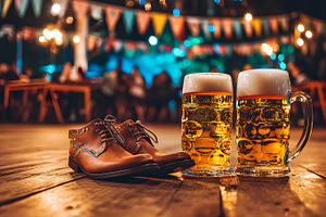 Beer festival celebration with shoes and mugs on floor, a Food & Drink Photo by Photostock