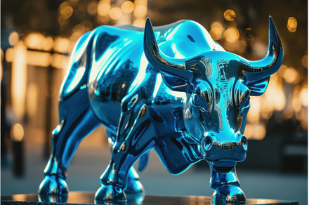 Shiny blue bull sculpture at sunset, an Arts & Entertainment Photo by Ylivdesign