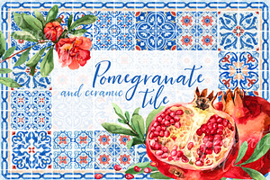 Pomegranate, ceramic tile watercolor