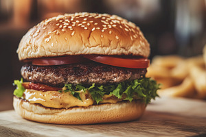 Simple hamburger on a wooden, a Food & Drink Photo by MistyDay