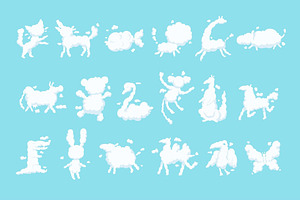 Animal Clouds White Silhouette Set, Kid Imagination Sweet Dreams Vector Illustrations