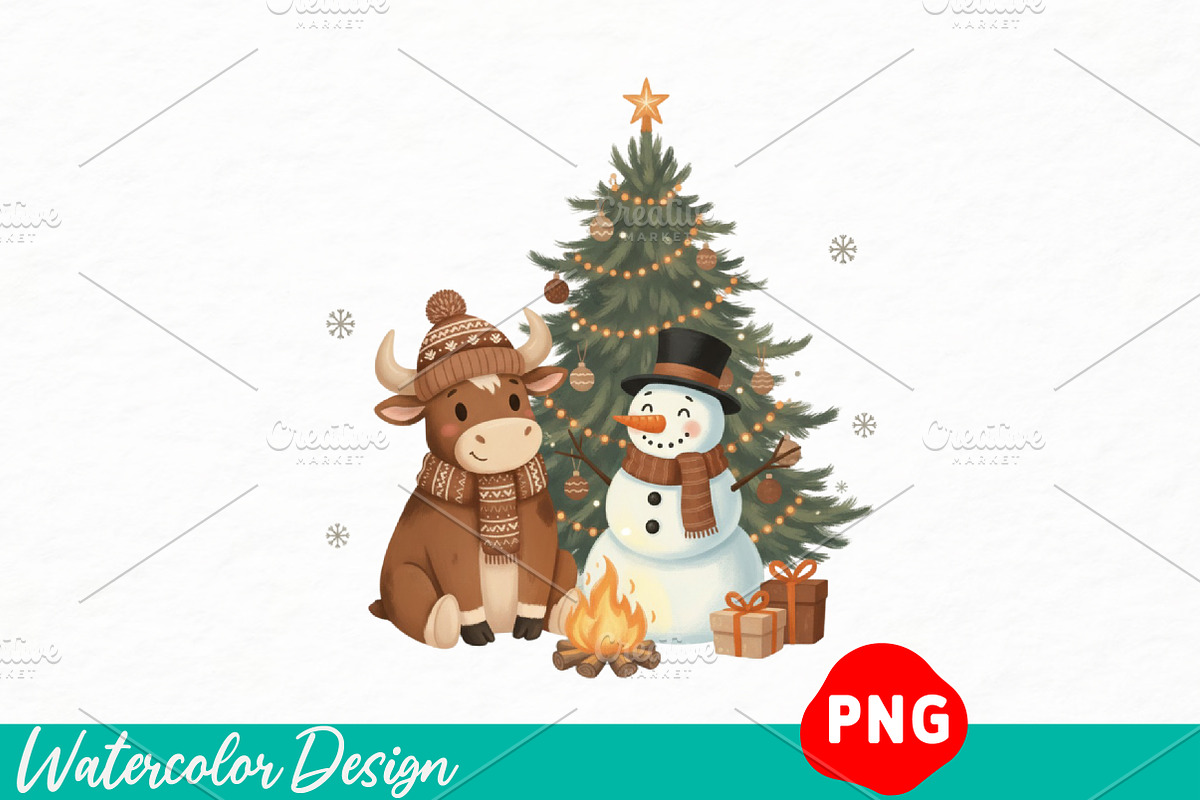 Christmas Cute Snowman Highland Cow, an Illustration by Watercolor design (Photo 1 of 3)