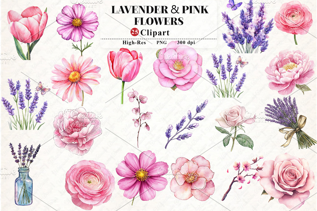 Lavender & Pink Flowers Watercolor, an Illustration by Watercolor design (Photo 1 of 13)