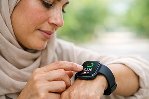 Woman checking fitness tracker durin, a Photo by Dvoevnore photos