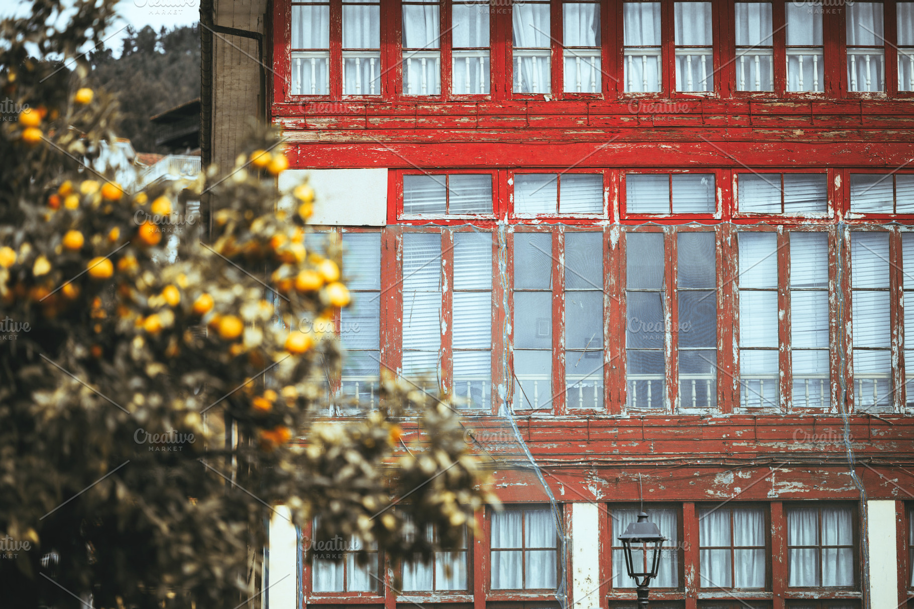 Rustic red facade and orange tree, an Architecture Photo by SkyNext