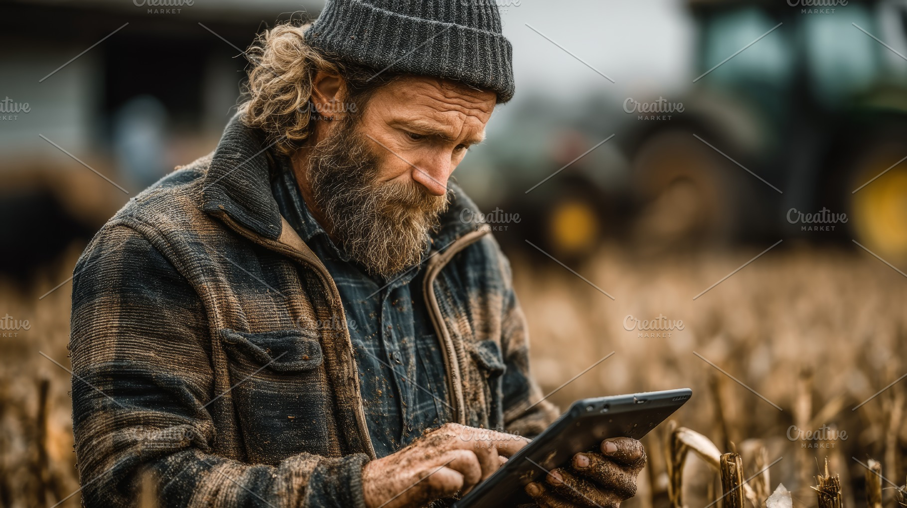 Farmer using digital device for agricultural management in a rural field, a Photo by AS photostudio