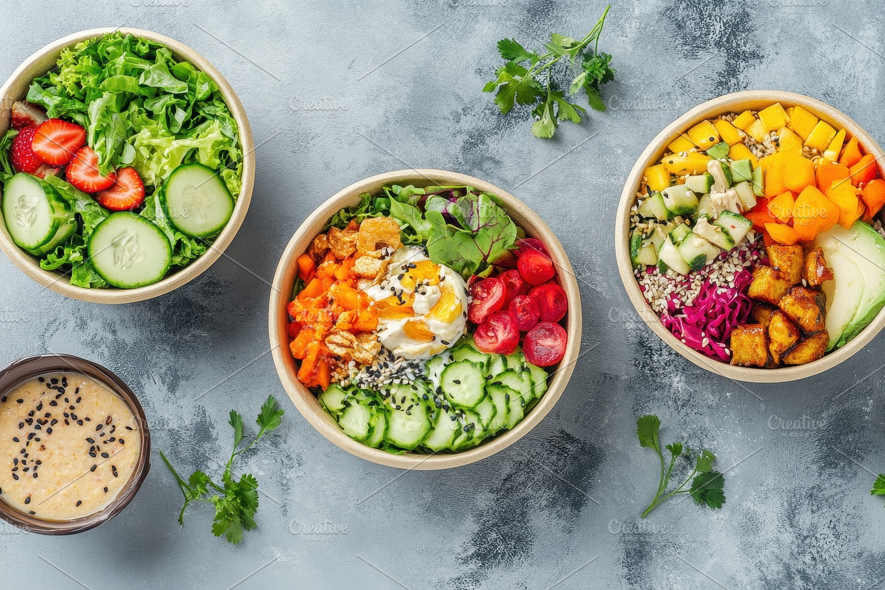 Fresh salad soup poke bowl and fruit, a Photo by Pavel_design