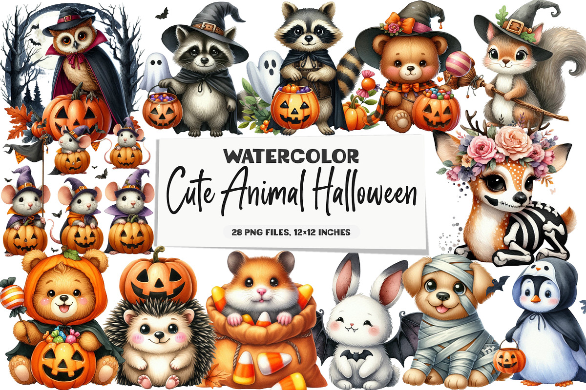 Cute Animal Halloween Clipart, an Illustration by DreamArtGraphic (Photo 1 of 5)
