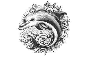 Dolphin And Roses Tattoo Style