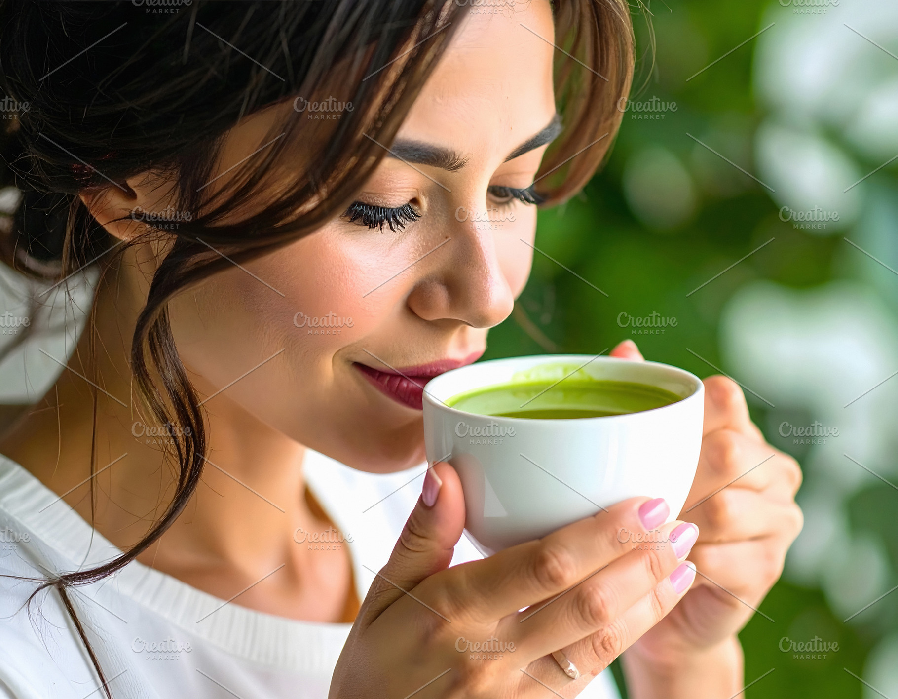 Woman enjoying a warm cup of green matcha tea, a Person Photo by GoodGoods