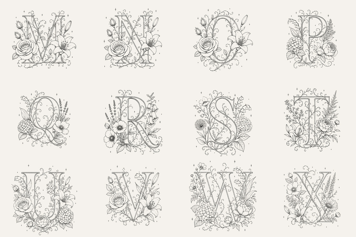 Floral Alphabet Line Art Vol 2, a Decorative Illustration by AW Studios (Photo 3 of 6)