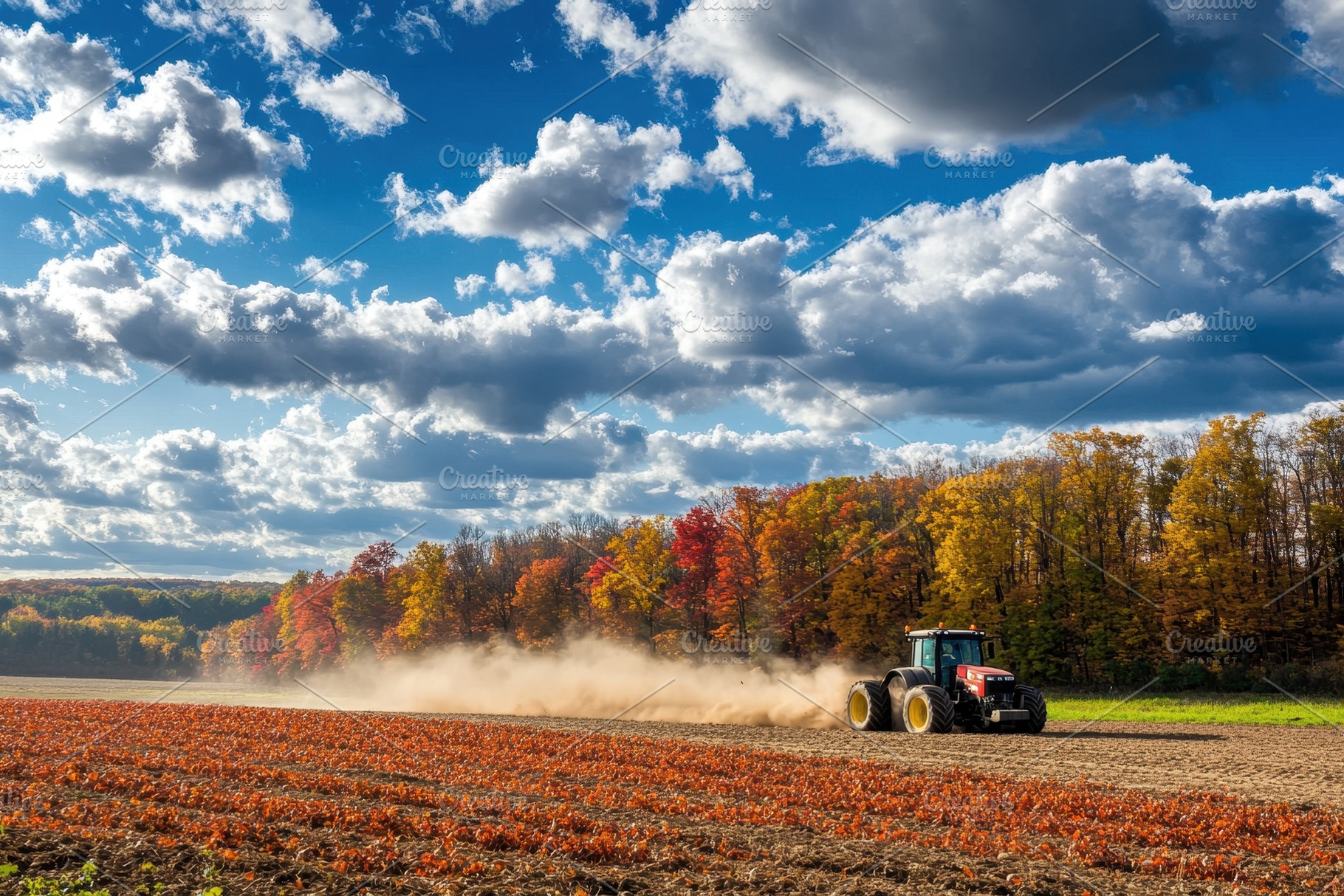 Tractor plows a dusty field, a Photo by Pavel_design