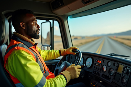 Truck driver driving on clear road, a Transportation Photo by angellodeco