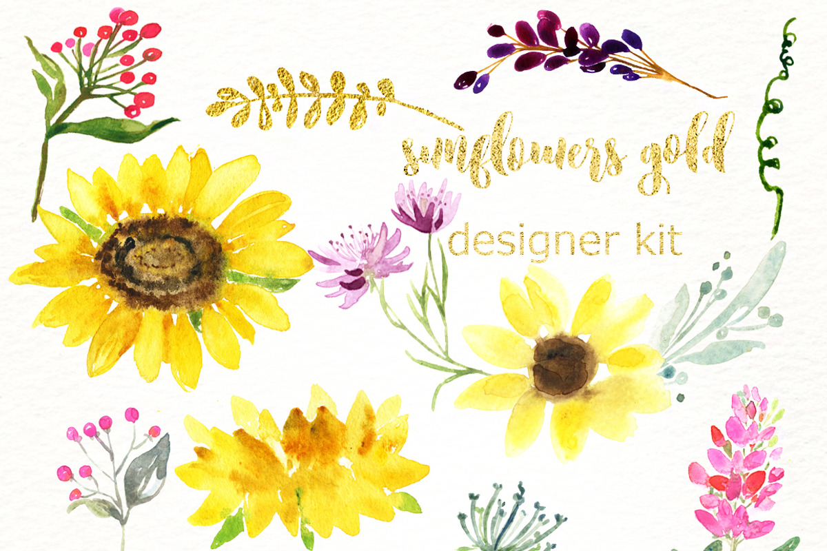 -50% Sunflowers watercolor flowers, a Texture Illustration by LABFcreations (Photo 10 of 11)