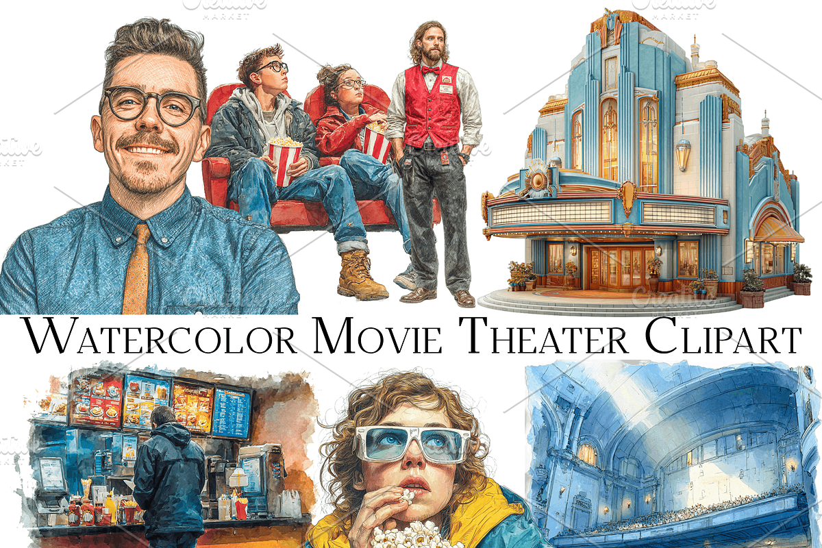Watercolor Movie Theater Clipart, an Object Graphic by ArtisticTimberStudio (Photo 2 of 2)