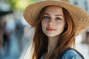 Woman wearing a straw hat enjoys a sunny day on a vibrant city s, a Person Photo by AlyaAnd