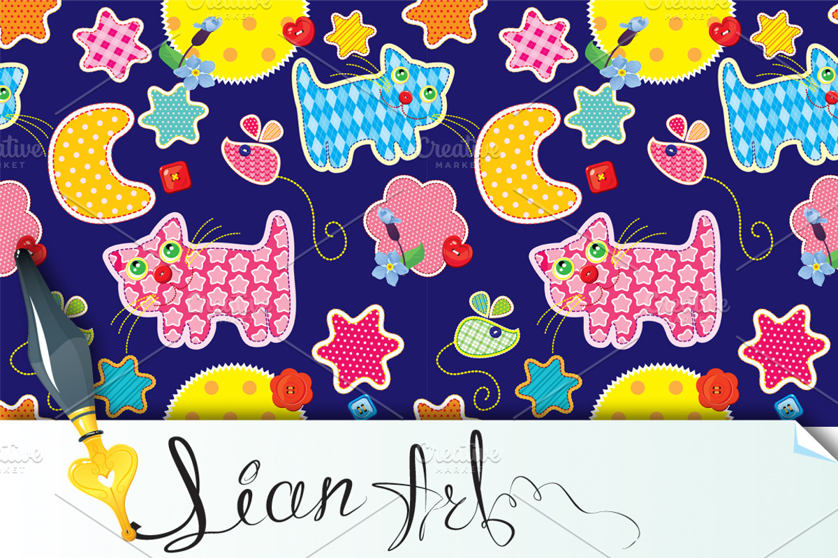 Seamless pattern -cat, mouse, stars
