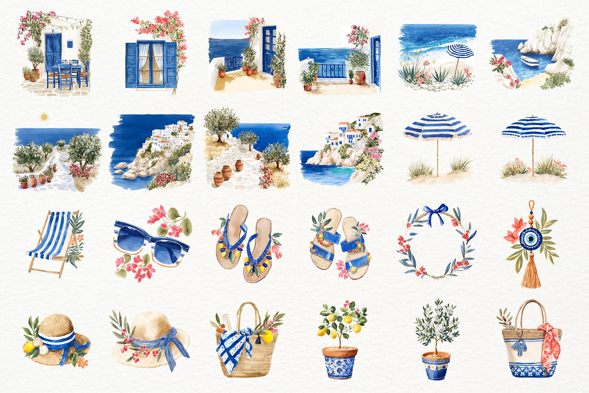 Summer Greece Watercolor Clipart, a Seasonal Illustration by Nicolle's Colorful Art (Photo 3 of 5)