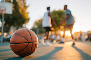 Basketball on court at sunset, a Sports & Recreation Photo by AlyaAnd
