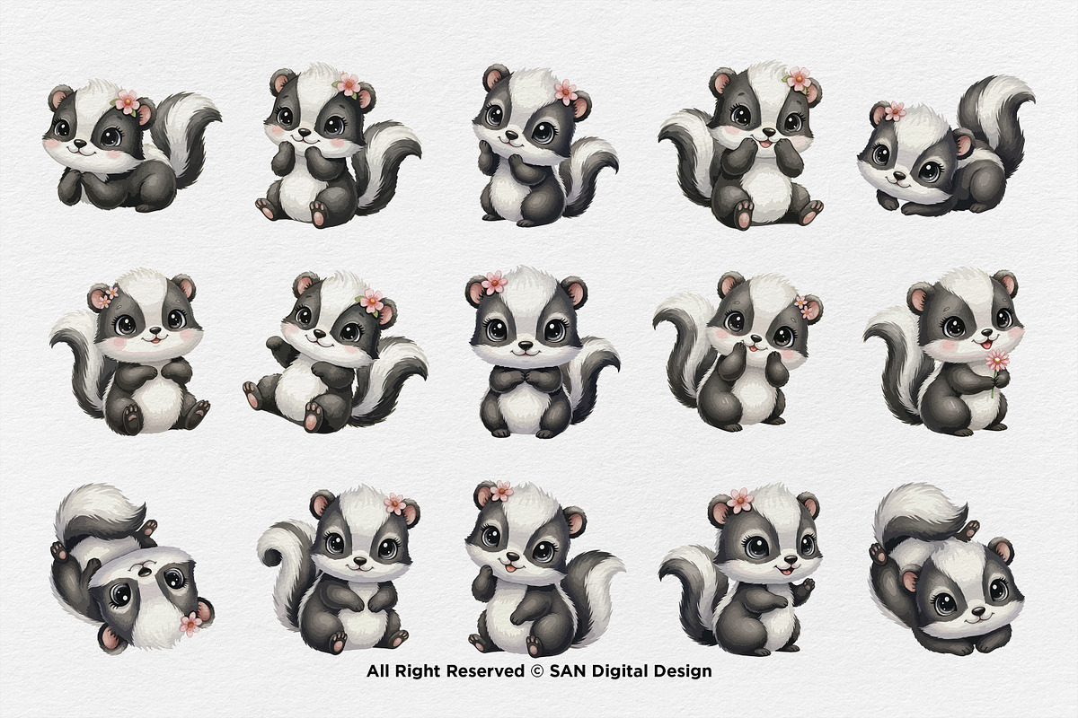 15 Bundle Watercolor Skunk Girl Cute, an Animal Illustration by Morspective (Photo 8 of 8)