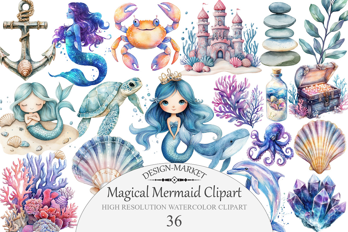 Watercolor Magical Mermaid Clipart, an Illustration by Design Market (Photo 1 of 4)