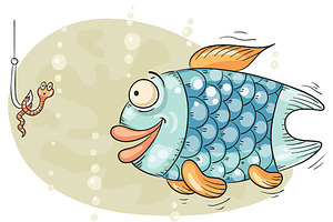 Hungry fish and the worm on hook, a Food Illustration by Bubert Art