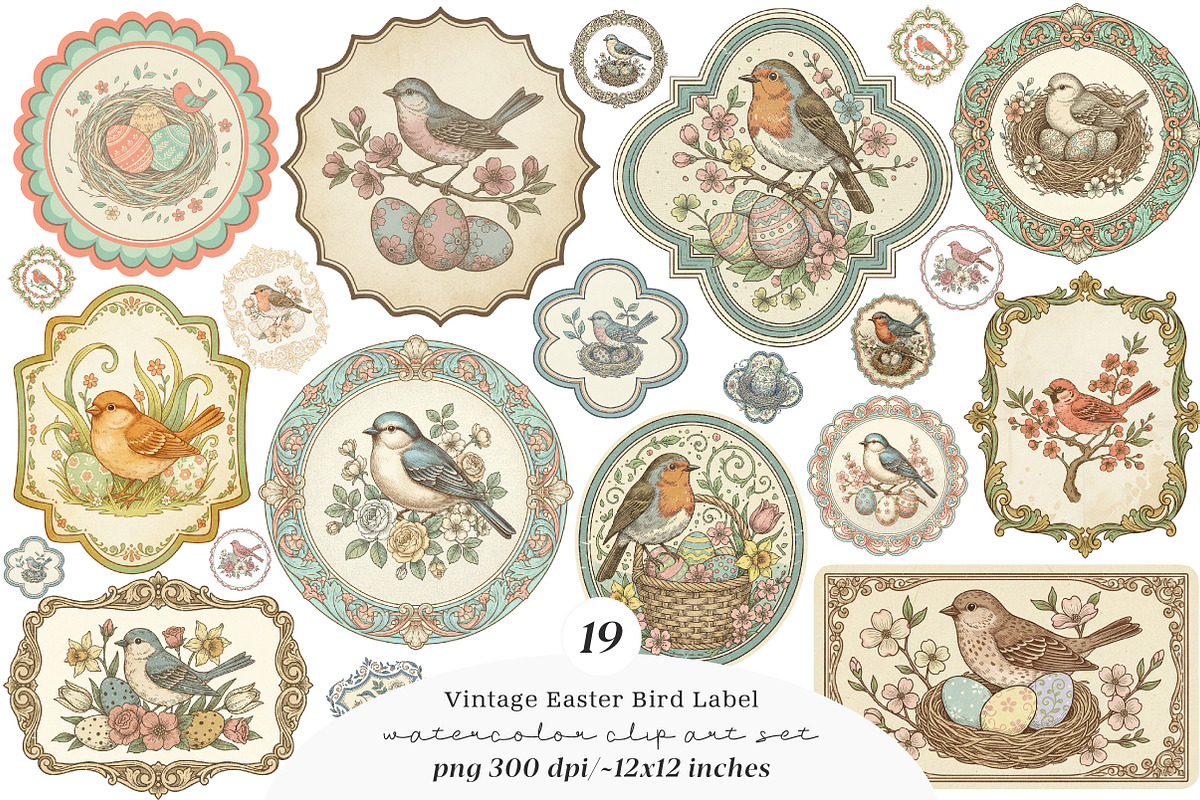 Vintage Easter Birds Label Printable, an Illustration by SinaCreation (Photo 1 of 6)