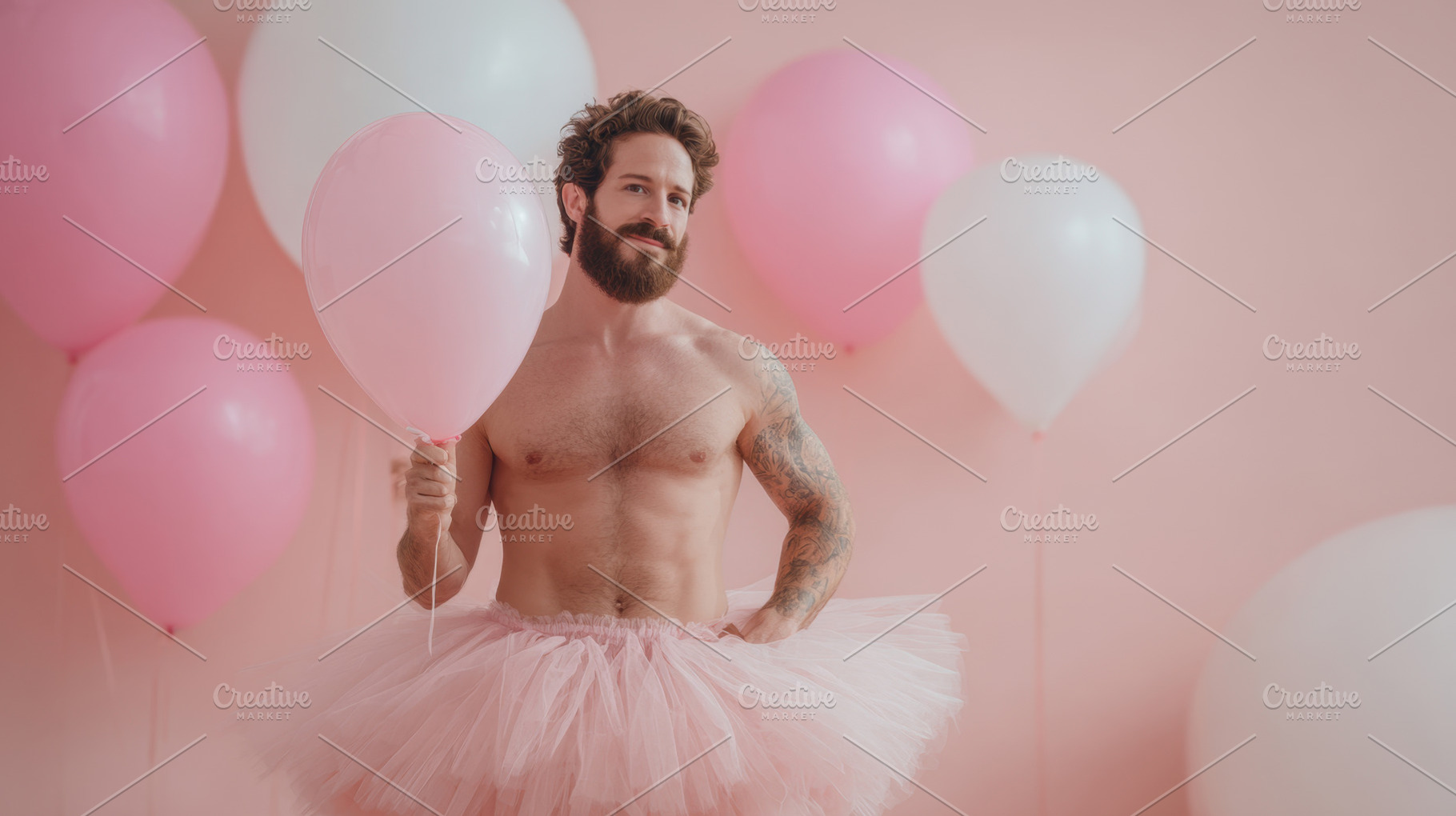 Man in a tutu holds pink balloon, a Photo by Beautiful things