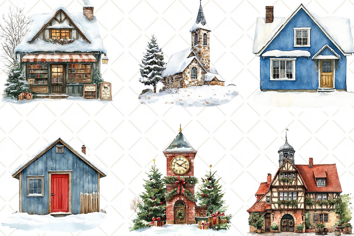 Watercolor Christmas Village Clipart, an Illustration by Black Bird Studio (Photo 6 of 6)