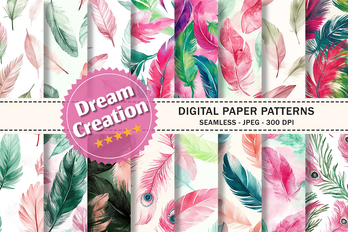 Pink & Green Feather Seamless Patter, a Texture Graphic by Dream Creation (Photo 1 of 7)