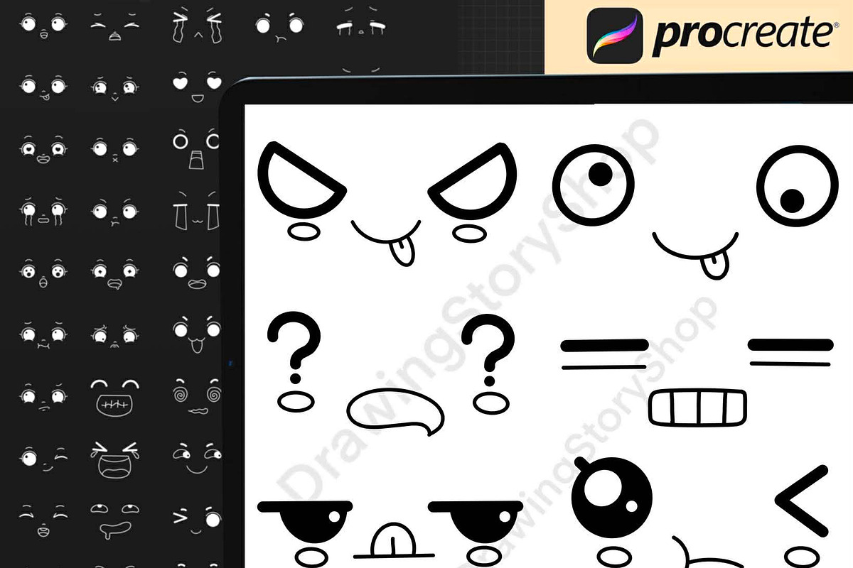 200 Procreate Kawaii Faces Stamps, a Brush Add-On by DrawingStoryShop