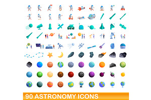 90 Astronomy Icons Set, Cartoon