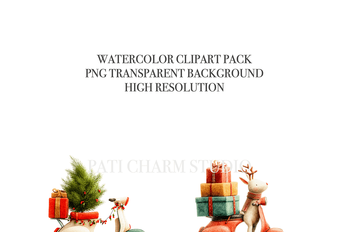 Christmas Scooter Clipart Set, a Decorative Illustration by Pati Charm Studio (Photo 4 of 8)