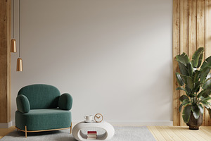 Modern interior of wall space with green armchair on empty white room.