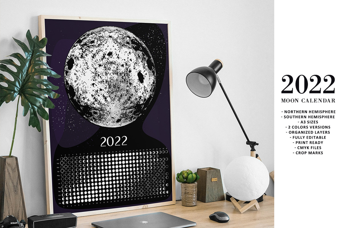 Moon Calendar 2022 Black&White, a Stationery Template by land art (Photo 1 of 7)