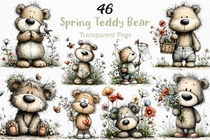 Whimsical Spring Teddy Bear Clipart, an Illustration by Craft Nest