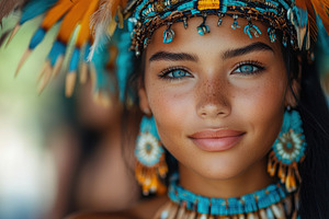 Young woman in vibrant tribal attire, a Photo by Tanuart