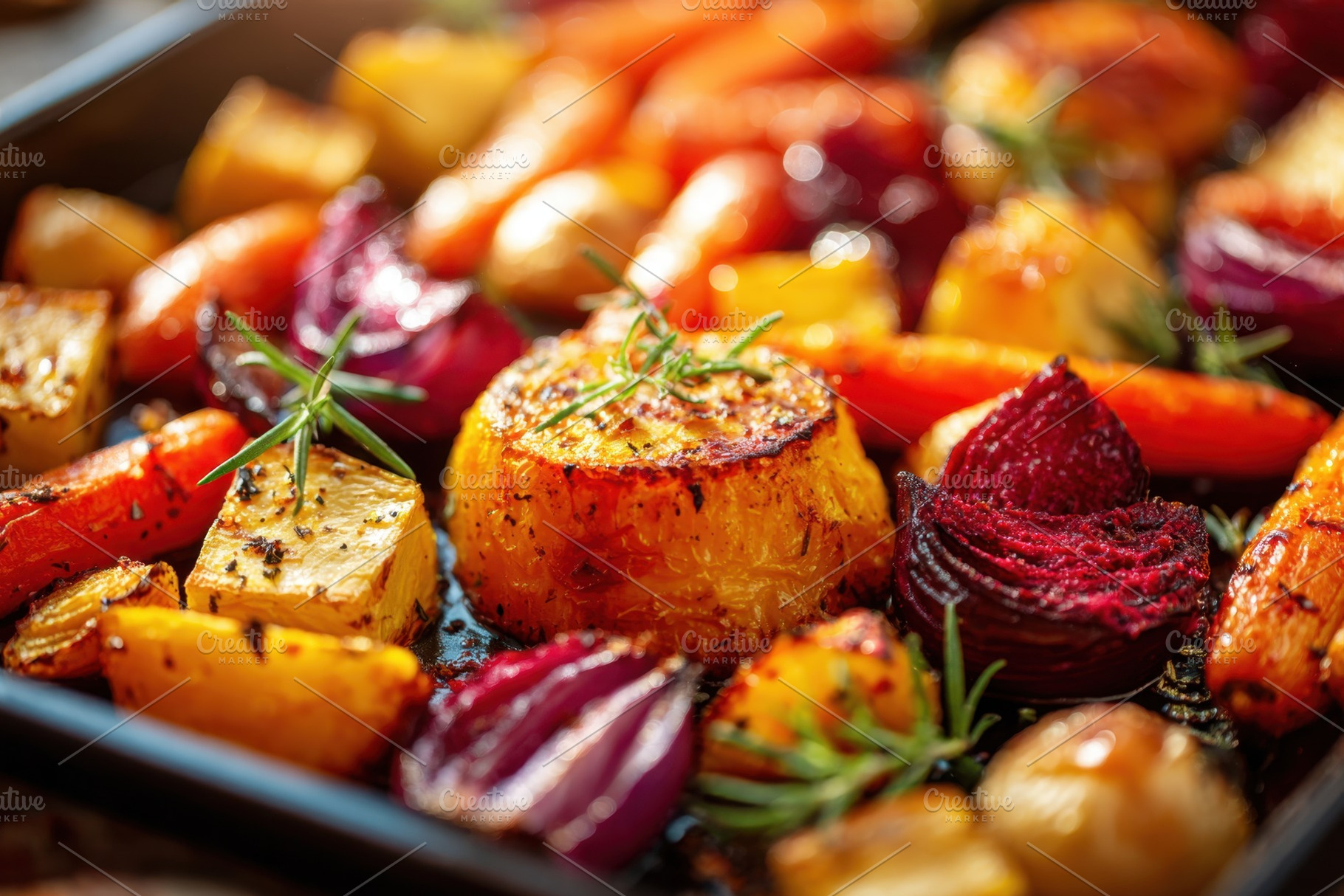 Colorful roasted vegetables with herbs, a Food & Drink Photo by AlyaAnd