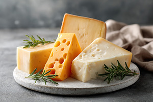 Cheeses displayed artistically on a light stone platter with fresh herbs, a Food & Drink Photo by AlyaAnd