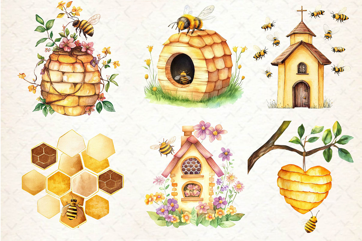 Watercolor Bee Home Clipart, an Illustration by Dream Creation (Photo 4 of 6)