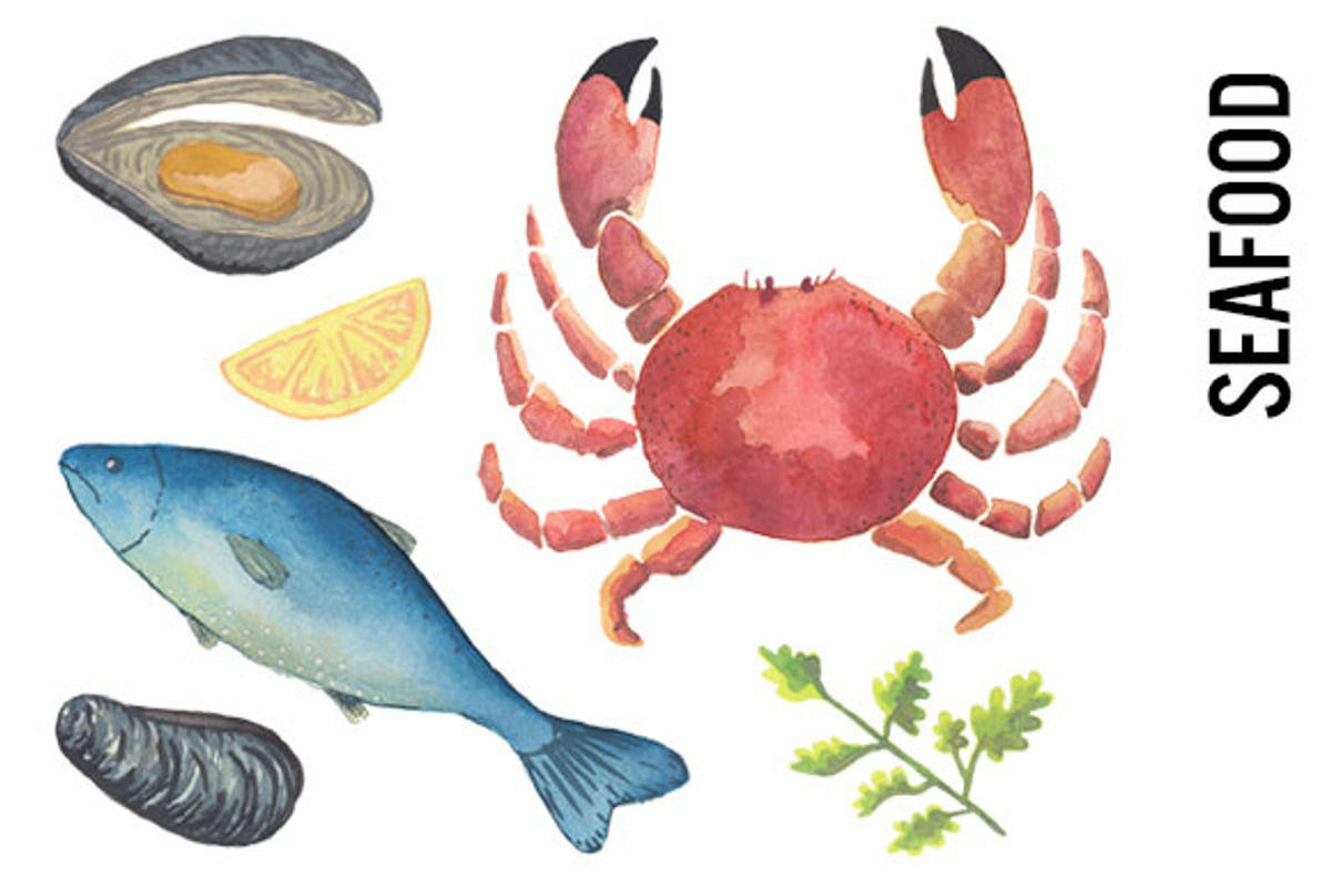 Seafood Watercolor Clipart, a Food Illustration by Pepper