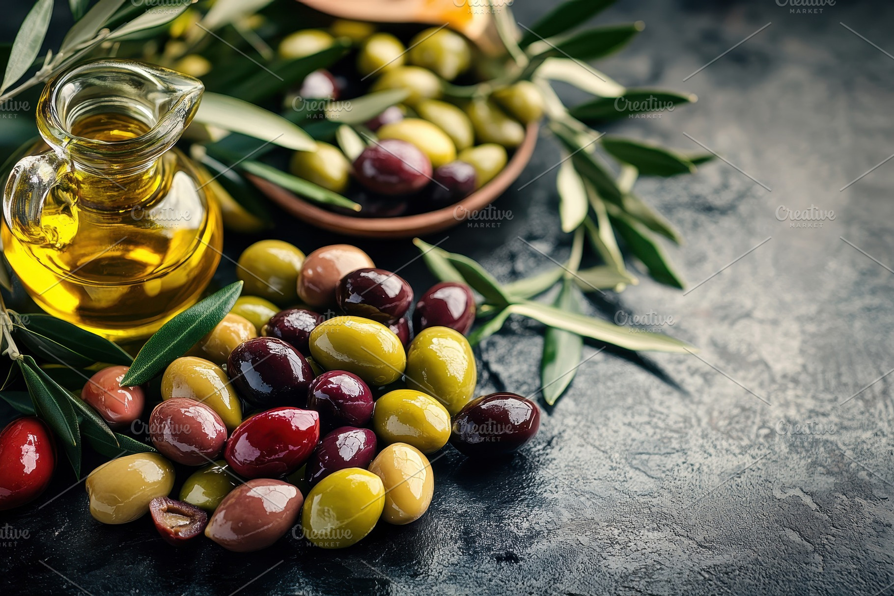 Assorted olives garnished with olive, a Photo by Pavel_design