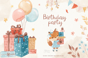BIRTHADY PARTY. Watercolor clipart