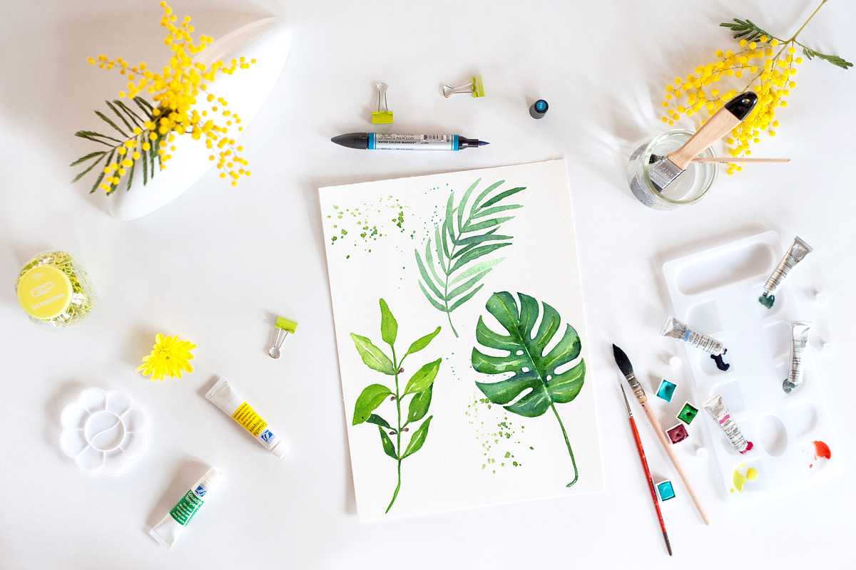 Tropical leaves branches watercolor, a Decorative Illustration by LABFcreations (Photo 6 of 9)
