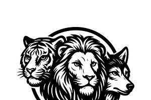 Tiger, lion, and wolf in a circular, an Animal Illustration by yod67