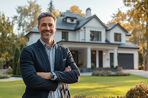 A confident realtor man stands with arms crossed in front of a modern house sur, a Person Photo by Textures & Backgrounds