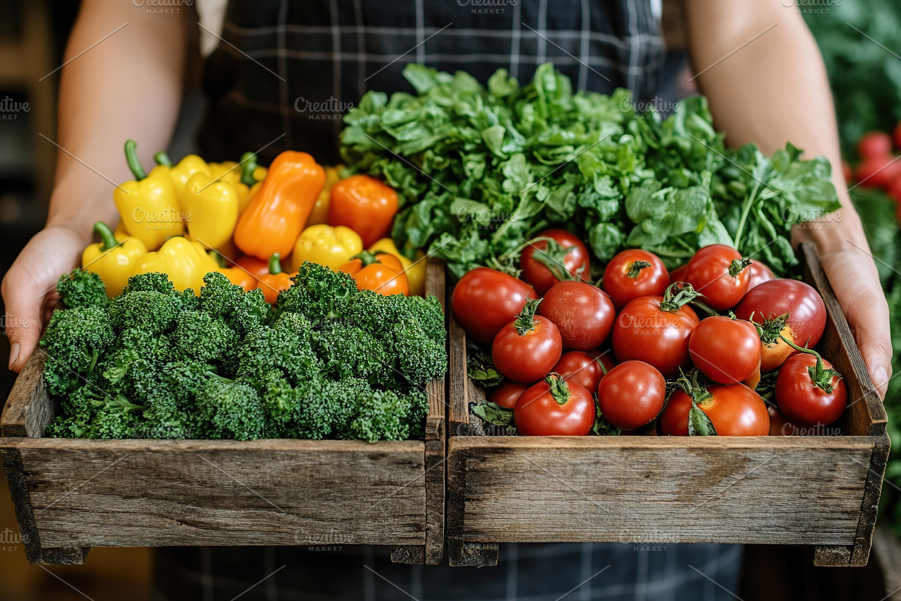 Farmer's hands holding crate full of different ripe vegetables, a Food & Drink Photo by AlyaAnd